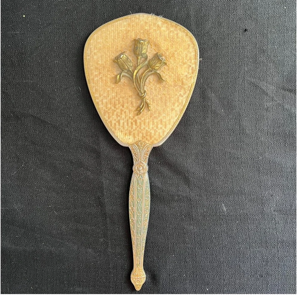 Vintage Gold Filigree Hand Mirror Embroidered Peach Fabric Tulip Victorian Style